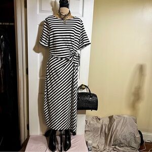 On 34th Wms Cotton Stretch Tie Stripe Preppy Black White Slit Midi Tee Dress XL